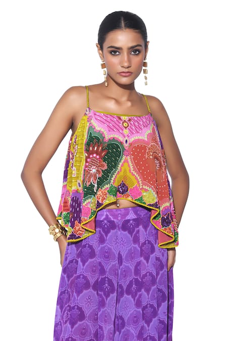 Buy_Siddhartha Bansal_Multi Color Crepe Mirrors, Embroidery, Asymmetric Top And Printed Palazzo Set _Online_at_Aza_Fashions