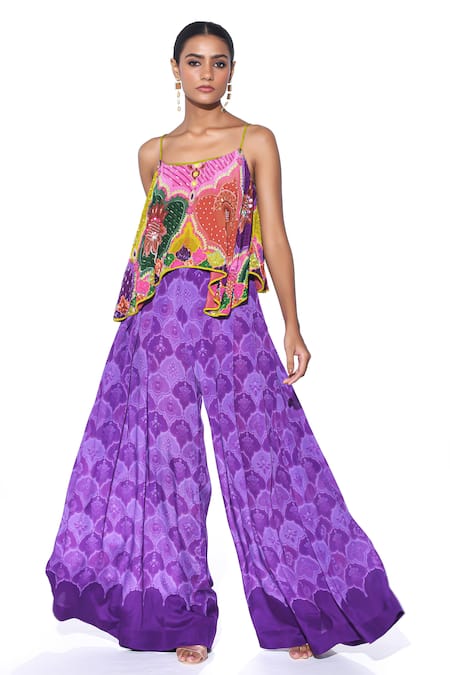 Shop_Siddhartha Bansal_Multi Color Crepe Mirrors, Embroidery, Asymmetric Top And Printed Palazzo Set _Online_at_Aza_Fashions