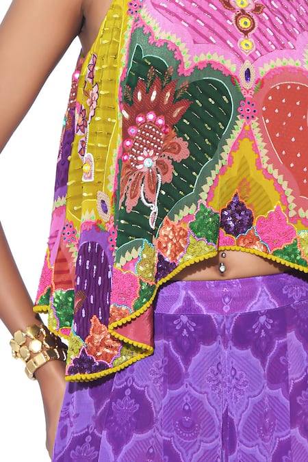 Buy_Siddhartha Bansal_Multi Color Crepe Mirrors, Embroidery, Asymmetric Top And Printed Palazzo Set 