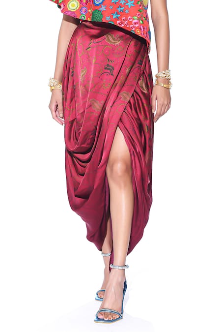 Siddhartha Bansal_Red Top Linen Satin Embroidered One-shoulder And Skirt Set  _Online_at_Aza_Fashions