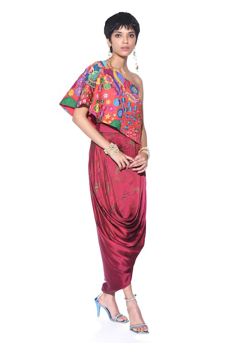 Shop_Siddhartha Bansal_Red Top Linen Satin Embroidered One-shoulder And Skirt Set  _Online_at_Aza_Fashions