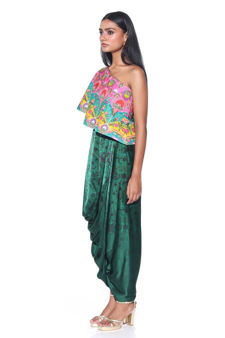 Buy_Siddhartha Bansal_Pink Top Linen Satin Embroidered One-shoulder And Skirt Set  _Online_at_Aza_Fashions