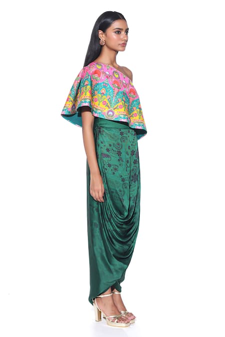 Shop_Siddhartha Bansal_Pink Top Linen Satin Embroidered One-shoulder And Skirt Set  _Online_at_Aza_Fashions