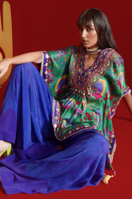 Buy_Siddhartha Bansal_Green Kaftan Satin Embroidered Paisley Print Top And Palazzo Set  _Online_at_Aza_Fashions