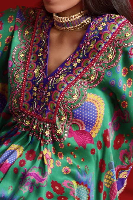 Shop_Siddhartha Bansal_Green Kaftan Satin Embroidered Paisley Print Top And Palazzo Set  _Online_at_Aza_Fashions