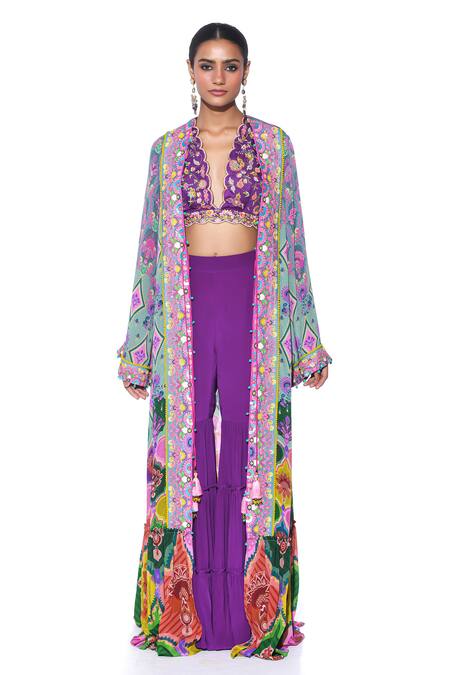 Siddhartha Bansal Grey Shrug And Sharara Crepe Embroidered Paisley Print Tiered Set Online at Aza Fashions Siddhartha Bansal_Grey Shrug And Sharara Crepe Embroidered Paisley Print Tiered Set _Online_at_Aza_Fashions