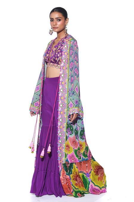 Shop Siddhartha Bansal Grey Shrug And Sharara Crepe Embroidered Paisley Print Tiered Set Online at Aza Fashions Shop_Siddhartha Bansal_Grey Shrug And Sharara Crepe Embroidered Paisley Print Tiered Set _Online_at_Aza_Fashions