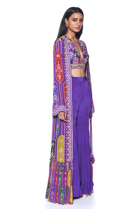 Shop_Siddhartha Bansal_Purple Shrug And Sharara Crepe Embroidered Paisley Print Long Set  _Online_at_Aza_Fashions