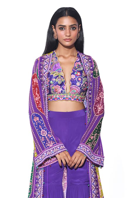 Siddhartha Bansal_Purple Shrug And Sharara Crepe Embroidered Paisley Print Long Set  _at_Aza_Fashions