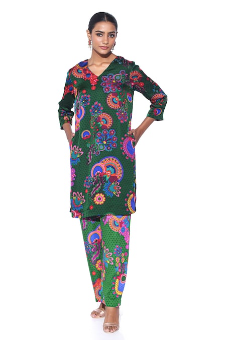 Siddhartha Bansal Green Tunic Organza Satin Printed Pattern Straight Kurta And Pant Set  