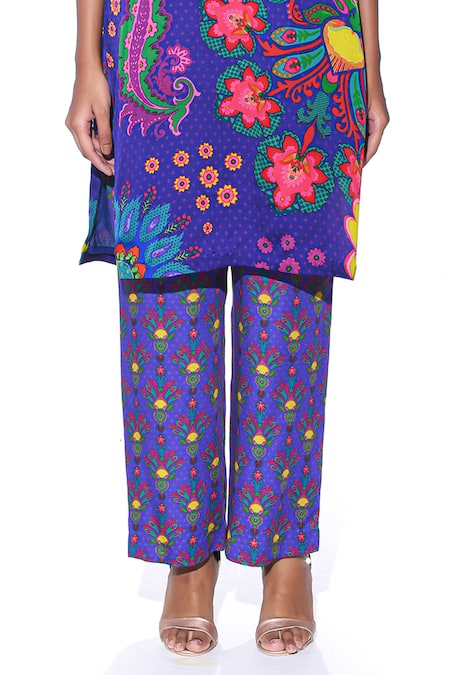 Siddhartha Bansal_Blue Tunic Organza Satin Printed Paisley V Neck Kurta And Pant Set _Online_at_Aza_Fashions