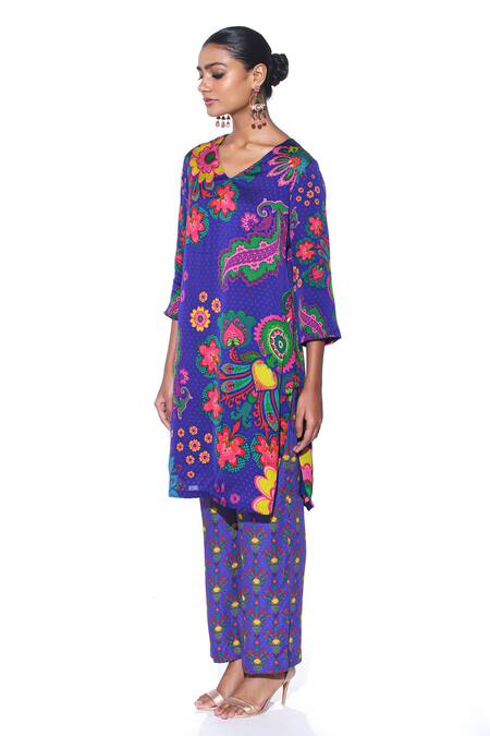 Buy_Siddhartha Bansal_Blue Tunic Organza Satin Printed Paisley V Neck Kurta And Pant Set _Online_at_Aza_Fashions