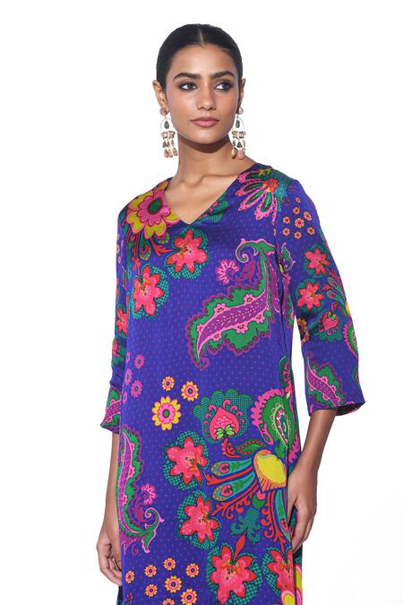 Shop_Siddhartha Bansal_Blue Tunic Organza Satin Printed Paisley V Neck Kurta And Pant Set _Online_at_Aza_Fashions