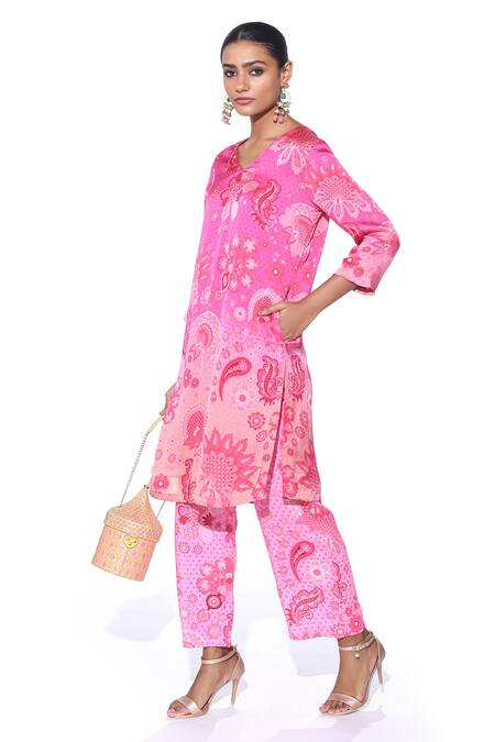 Siddhartha Bansal_Pink Tunic Organza Satin Printed Paisley V Neck Kurta And Pant Set  _Online_at_Aza_Fashions