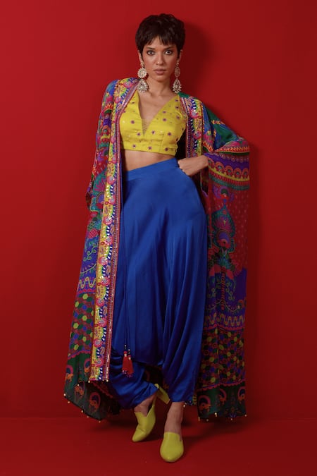 Siddhartha Bansal_Multi Color Blouse Linen Saltin Printed Asymmetric Harem Pant Set  _Online_at_Aza_Fashions