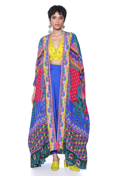 Shop_Siddhartha Bansal_Multi Color Blouse Linen Saltin Printed Asymmetric Harem Pant Set  _Online_at_Aza_Fashions