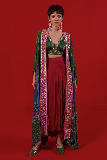 Siddhartha Bansal Floral Blossom Print Asymmetric Cape Harem Pant Set 