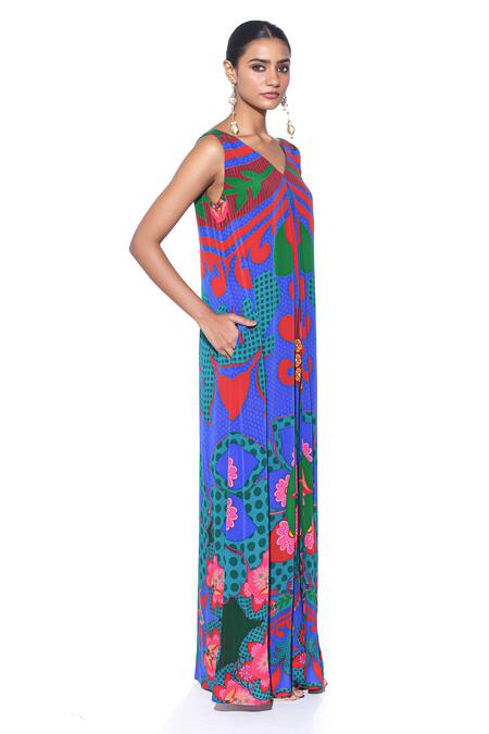 Buy_Siddhartha Bansal_Blue Pure Crepe Printed Floral V-neck Jumpsuit  _Online_at_Aza_Fashions