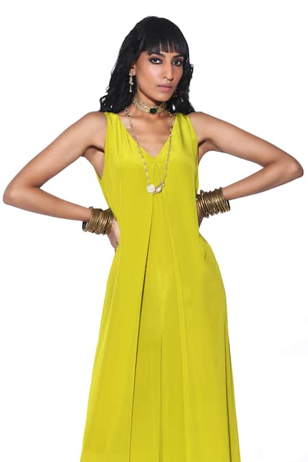 Siddhartha Bansal_Green Crepe V-neck Solid Asymmetric Jumpsuit _at_Aza_Fashions