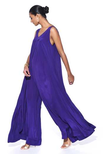 Siddhartha Bansal_Purple Crepe V-neck Box Pleated Jumpsuit _Online_at_Aza_Fashions