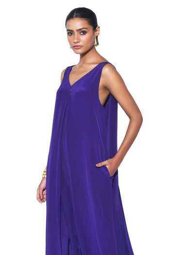 Shop_Siddhartha Bansal_Purple Crepe V-neck Box Pleated Jumpsuit _Online_at_Aza_Fashions
