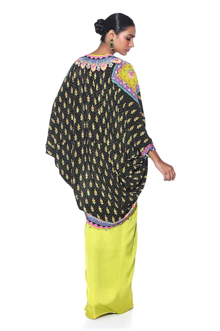 Shop Siddhartha Bansal Green Shrug Pure Crepe Printed Hand Embroidered Draped Skirt Set at Aza Fashions Shop_Siddhartha Bansal_Green Shrug Pure Crepe Printed Hand Embroidered Draped Skirt Set _at_Aza_Fashions