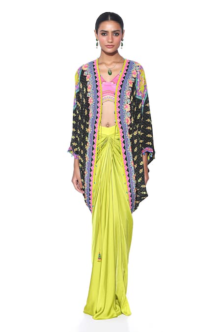 Buy Siddhartha Bansal Green Shrug Pure Crepe Printed Hand Embroidered Draped Skirt Set Online at Aza Fashions Buy_Siddhartha Bansal_Green Shrug Pure Crepe Printed Hand Embroidered Draped Skirt Set _Online_at_Aza_Fashions