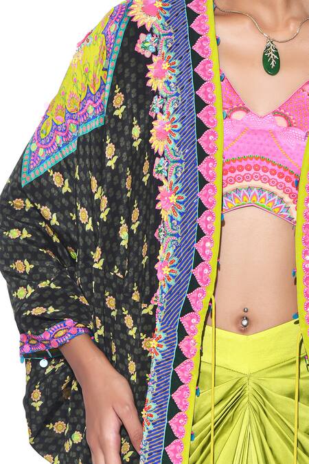 Shop Siddhartha Bansal Green Shrug Pure Crepe Printed Hand Embroidered Draped Skirt Set Online at Aza Fashions Shop_Siddhartha Bansal_Green Shrug Pure Crepe Printed Hand Embroidered Draped Skirt Set _Online_at_Aza_Fashions