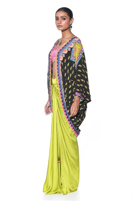 Siddhartha Bansal Green Shrug Pure Crepe Printed Hand Embroidered Draped Skirt Set at Aza Fashions Siddhartha Bansal_Green Shrug Pure Crepe Printed Hand Embroidered Draped Skirt Set _at_Aza_Fashions