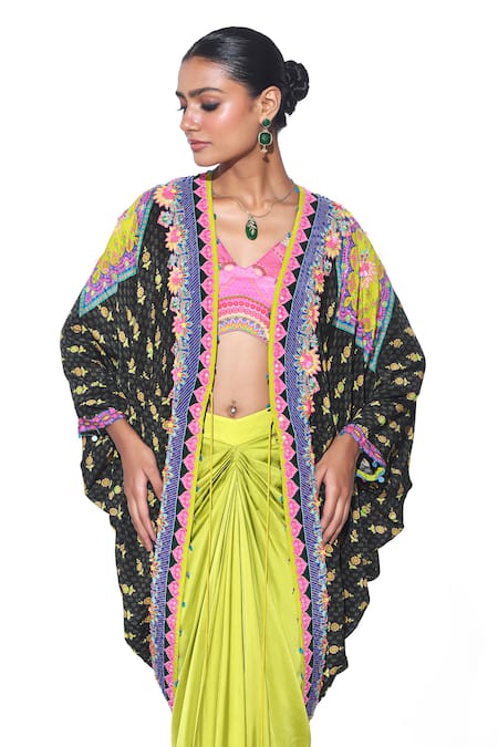 Buy Siddhartha Bansal Green Shrug Pure Crepe Printed Hand Embroidered Draped Skirt Set Buy_Siddhartha Bansal_Green Shrug Pure Crepe Printed Hand Embroidered Draped Skirt Set