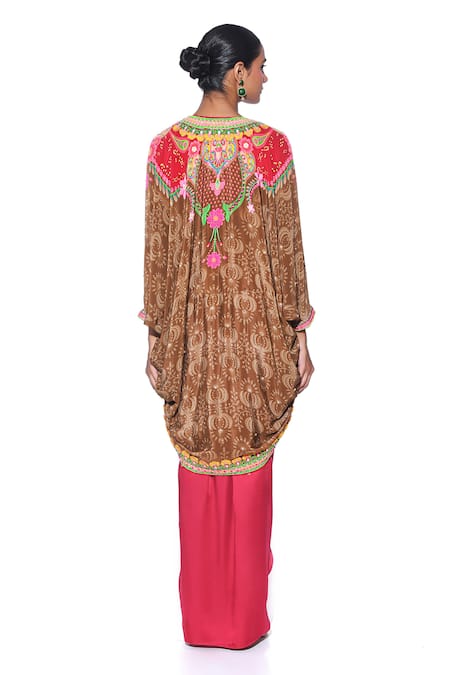 Shop Siddhartha Bansal Brown Shrug Pure Crepe Printed Floral V Hand Embroidered Skirt Set at Aza Fashions Shop_Siddhartha Bansal_Brown Shrug Pure Crepe Printed Floral V Hand Embroidered Skirt Set _at_Aza_Fashions