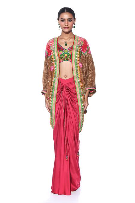 Siddhartha Bansal Brown Shrug Pure Crepe Printed Floral V Hand Embroidered Skirt Set Online at Aza Fashions Siddhartha Bansal_Brown Shrug Pure Crepe Printed Floral V Hand Embroidered Skirt Set _Online_at_Aza_Fashions