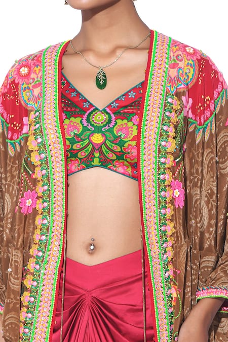 Buy Siddhartha Bansal Brown Shrug Pure Crepe Printed Floral V Hand Embroidered Skirt Set Online at Aza Fashions Buy_Siddhartha Bansal_Brown Shrug Pure Crepe Printed Floral V Hand Embroidered Skirt Set _Online_at_Aza_Fashions