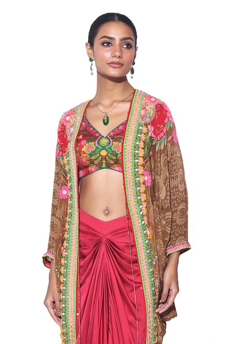 Siddhartha Bansal Brown Shrug Pure Crepe Printed Floral V Hand Embroidered Skirt Set at Aza Fashions Siddhartha Bansal_Brown Shrug Pure Crepe Printed Floral V Hand Embroidered Skirt Set _at_Aza_Fashions