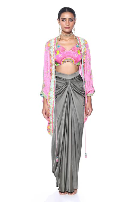 Siddhartha Bansal Embroidered Shrug Draped Skirt Set 