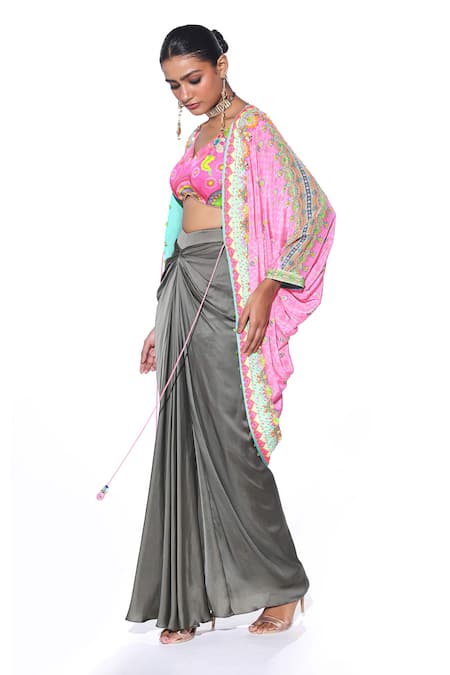 Siddhartha Bansal_Pink Shrug Pure Crepe Printed Floral V Embroidered Draped Skirt Set  _Online_at_Aza_Fashions