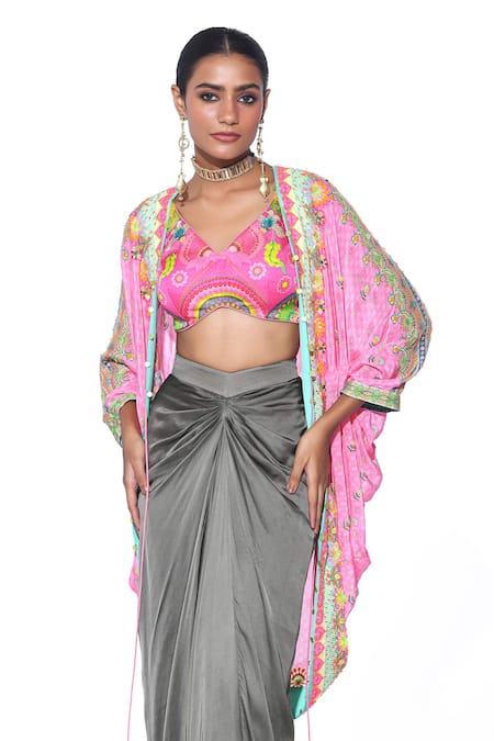 Shop_Siddhartha Bansal_Pink Shrug Pure Crepe Printed Floral V Embroidered Draped Skirt Set  _Online_at_Aza_Fashions