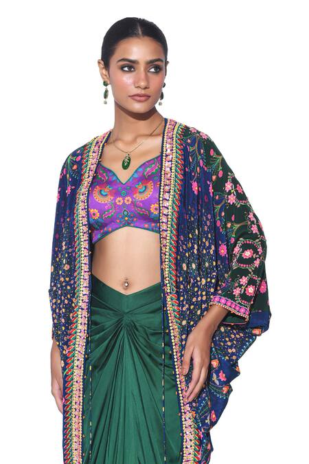 Siddhartha Bansal_Blue Shrug Pure Crepe Printed Floral V Embroidered Draped Skirt Set  _Online_at_Aza_Fashions