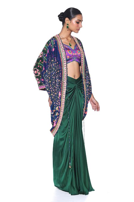 Buy_Siddhartha Bansal_Blue Shrug Pure Crepe Printed Floral V Embroidered Draped Skirt Set  _Online_at_Aza_Fashions