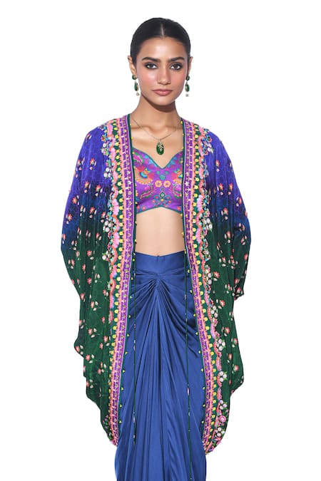 Siddhartha Bansal_Blue Shrug Pure Crepe Draped Skirt Shell Hand Embroidered Set  _Online_at_Aza_Fashions