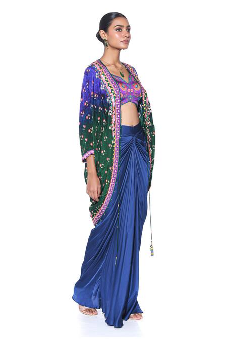 Buy_Siddhartha Bansal_Blue Shrug Pure Crepe Draped Skirt Shell Hand Embroidered Set  _Online_at_Aza_Fashions