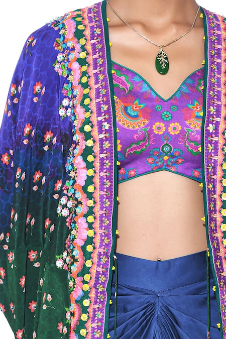 Shop_Siddhartha Bansal_Blue Shrug Pure Crepe Draped Skirt Shell Hand Embroidered Set  _Online_at_Aza_Fashions