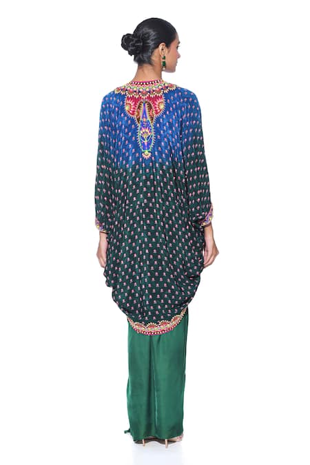Shop Siddhartha Bansal Green Shrug Pure Crepe Draped Skirt Shell Hand Embroidered Set at Aza Fashions Shop_Siddhartha Bansal_Green Shrug Pure Crepe Draped Skirt Shell Hand Embroidered Set _at_Aza_Fashions