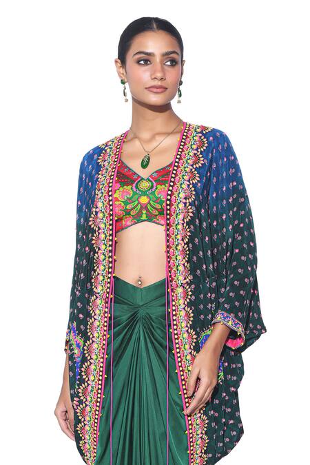 Siddhartha Bansal Green Shrug Pure Crepe Draped Skirt Shell Hand Embroidered Set Online at Aza Fashions Siddhartha Bansal_Green Shrug Pure Crepe Draped Skirt Shell Hand Embroidered Set _Online_at_Aza_Fashions