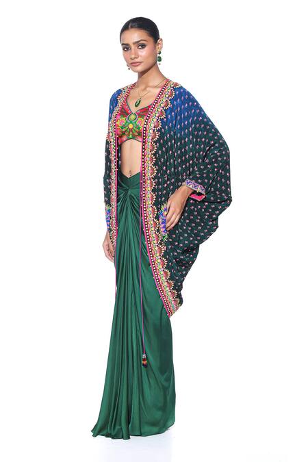 Buy Siddhartha Bansal Green Shrug Pure Crepe Draped Skirt Shell Hand Embroidered Set Online at Aza Fashions Buy_Siddhartha Bansal_Green Shrug Pure Crepe Draped Skirt Shell Hand Embroidered Set _Online_at_Aza_Fashions