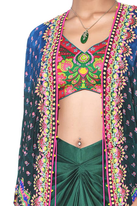 Shop Siddhartha Bansal Green Shrug Pure Crepe Draped Skirt Shell Hand Embroidered Set Online at Aza Fashions Shop_Siddhartha Bansal_Green Shrug Pure Crepe Draped Skirt Shell Hand Embroidered Set _Online_at_Aza_Fashions