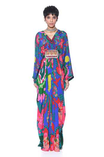 Siddhartha Bansal Blue Crepe Beads V-neck Mystic Rafflesia Print Kaftan Online at Aza Fashions Siddhartha Bansal_Blue Crepe Beads V-neck Mystic Rafflesia Print Kaftan _Online_at_Aza_Fashions