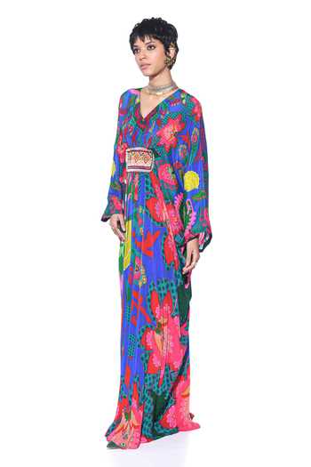 Shop Siddhartha Bansal Blue Crepe Beads V-neck Mystic Rafflesia Print Kaftan Online at Aza Fashions Shop_Siddhartha Bansal_Blue Crepe Beads V-neck Mystic Rafflesia Print Kaftan _Online_at_Aza_Fashions