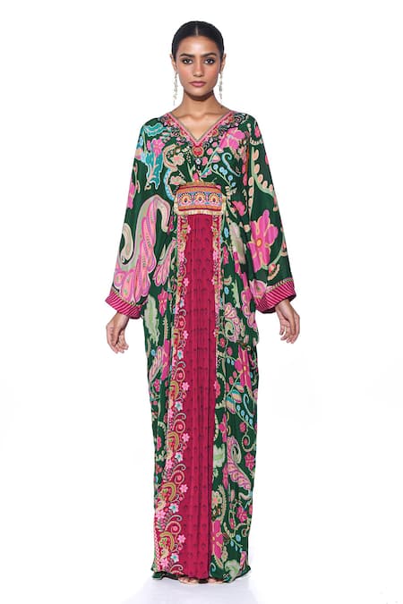 Siddhartha Bansal Green Crepe Beads V-neck Mystic Fleur Print Kaftan Online at Aza Fashions Siddhartha Bansal_Green Crepe Beads V-neck Mystic Fleur Print Kaftan _Online_at_Aza_Fashions