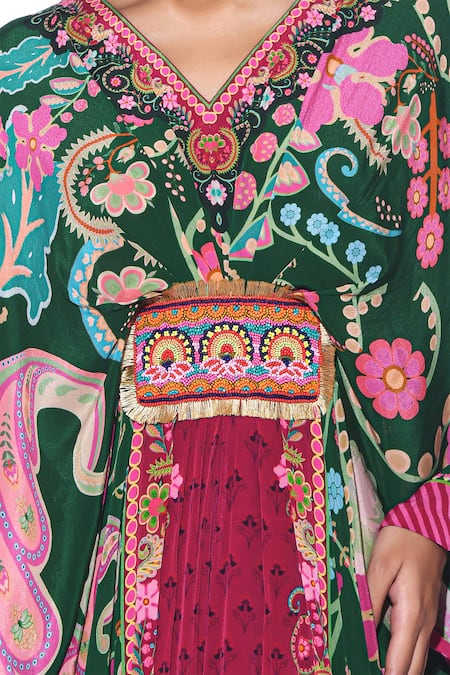 Buy Siddhartha Bansal Green Crepe Beads V-neck Mystic Fleur Print Kaftan Online at Aza Fashions Buy_Siddhartha Bansal_Green Crepe Beads V-neck Mystic Fleur Print Kaftan _Online_at_Aza_Fashions